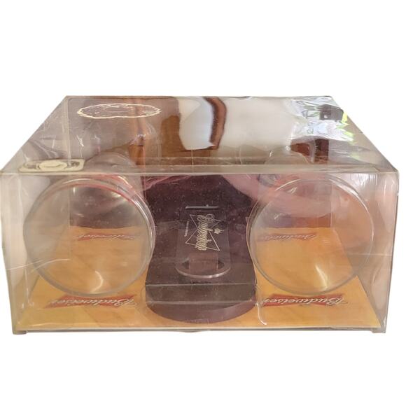 Budweiser Wooden Bar Stand & 2 Pilsner Glasses Bottle Opener 2006 Gift Christmas - Picture 7 of 9